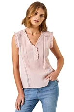 Women Ruffle Detail Cotton Crinkle Top - Ladies Spring Everyday Summer Holiday Work V-Neckline Comfy