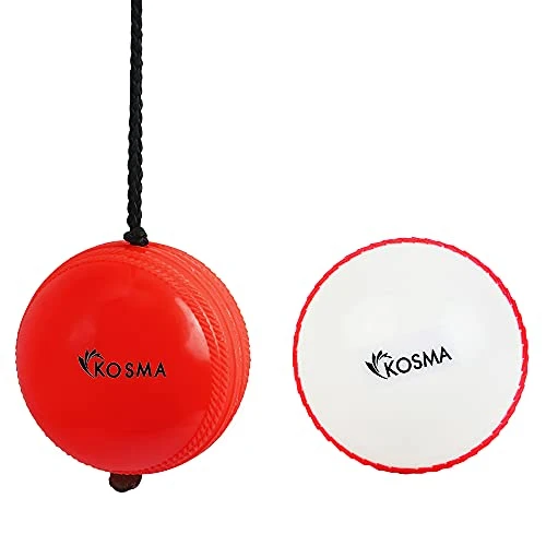 Kosma Set of 2Pc Cricket ball | Cricket Ball with Practice Training Strap | Soft Training Ball (Hanging Ball for Cricket Practice with Reaction String (Red) & Windball (White with Red seam)