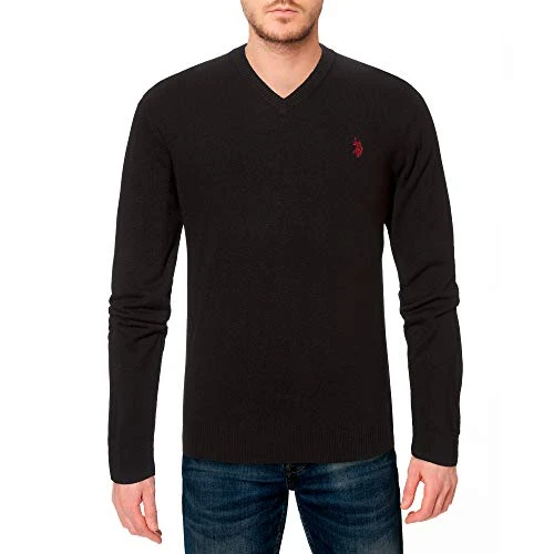 Men's Solid V-Neck Sweater, Black, Large