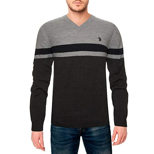 Men's All Over Striped V-Neck Sweater (XXL, Charcoal Heather)