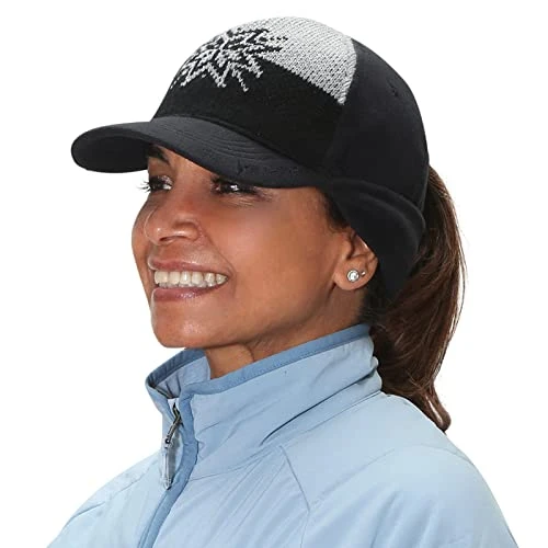 Women's Winter Ponytail Hat | Trucker Hat with Drop Down Ear Warmers - black and grey snowflake