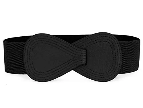 Interlock Buckle 8-shaped Faux Leather Elastic Belt Cinch Waistband for Lady Black Fit Waist Girth:2