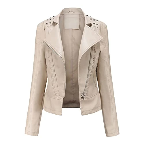 Women Leather Jacket Faux Motorcycle Coat Short Lightweight Pleather Crop Coat Fashion ZIpper Casual