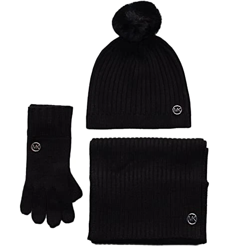 Women's Logo Knitted Glove, Scarf & Beanie Hat, MK Gift Box, One Size (Black)