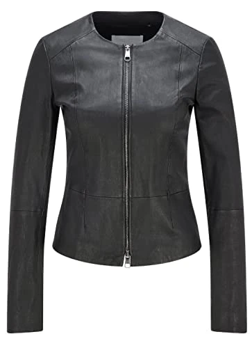 Ladies Real Leather Jacket Slim Fit Collarless Short Coat Black Jacket (as8, alpha, l, regular, regu