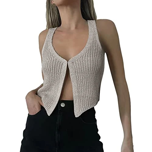 Women's Gilet Summer Solid Crochet V Neck Vest Top Sleeveless Knit Gilet Stand Collar Lightweight Vest Sexy Hollow Out Waistcoat Sleeveless Jacket Y2k Streetwear Boho Western Cardigan Cropped Tops