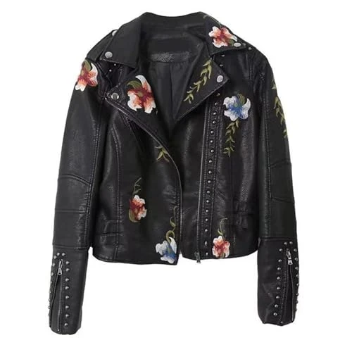 Women Faux Leather Jacket Fashion Floral Motorcycle Biker Jackets Coat Zip Short Moto Outwear Black