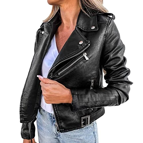 Women's Stylish Faux Leather Jacket Zip Up Moto Biker Classic Short Jacket Coat