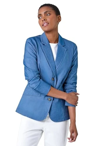 Denim Stretch Blazer for Women UK - Ladies Everyday Holiday Spring Summer V-Neckline Comfy Soft Even