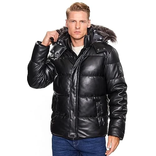 Men's Faux Leather Jacket Down Jacket with Hood