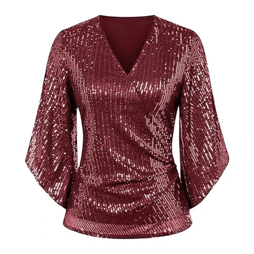 Summer Tops 2024 Womens Sequin Tops 3/4 Sleeve Glitter Sparkly Party Blouse V Neck Dressy Tops for E