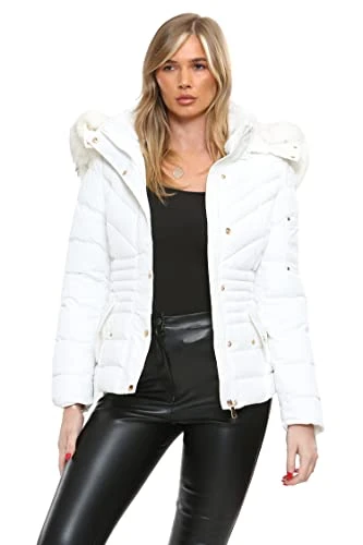 Womens Hooded Winter Jacket Quilted Padded Warm Coat Parka Jacket With Faux Fur Hood & Zip Pocket