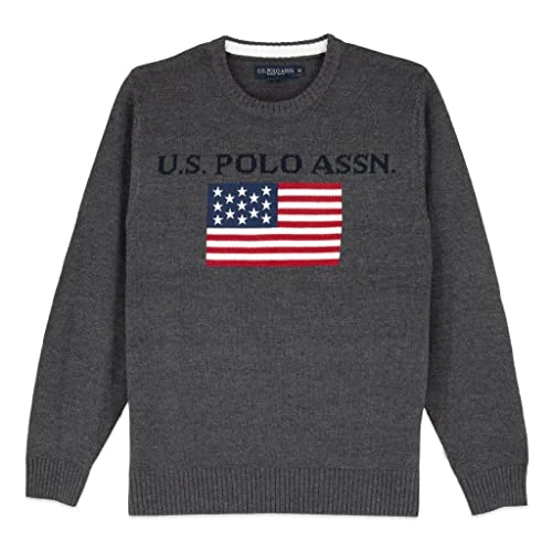 U.S. Polo Men's Flag Crew Neck Sweater Pullover (Iron Heather, Large)