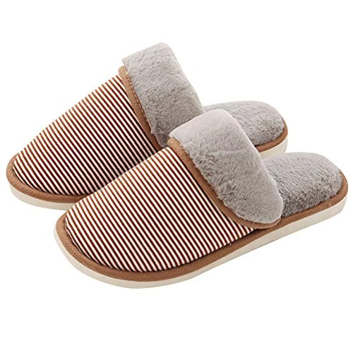 Unisex Adults Stripes Faux Fur Slippers Womens Mens Winter Warm Anti-Slip Indoor House Shoes Coffee