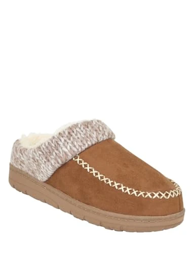 Ladies | Dr Keller Faux Fur Lined Knit Trim Mule Slippers E Fit | Cosy Faux Suede with Felted Uppe