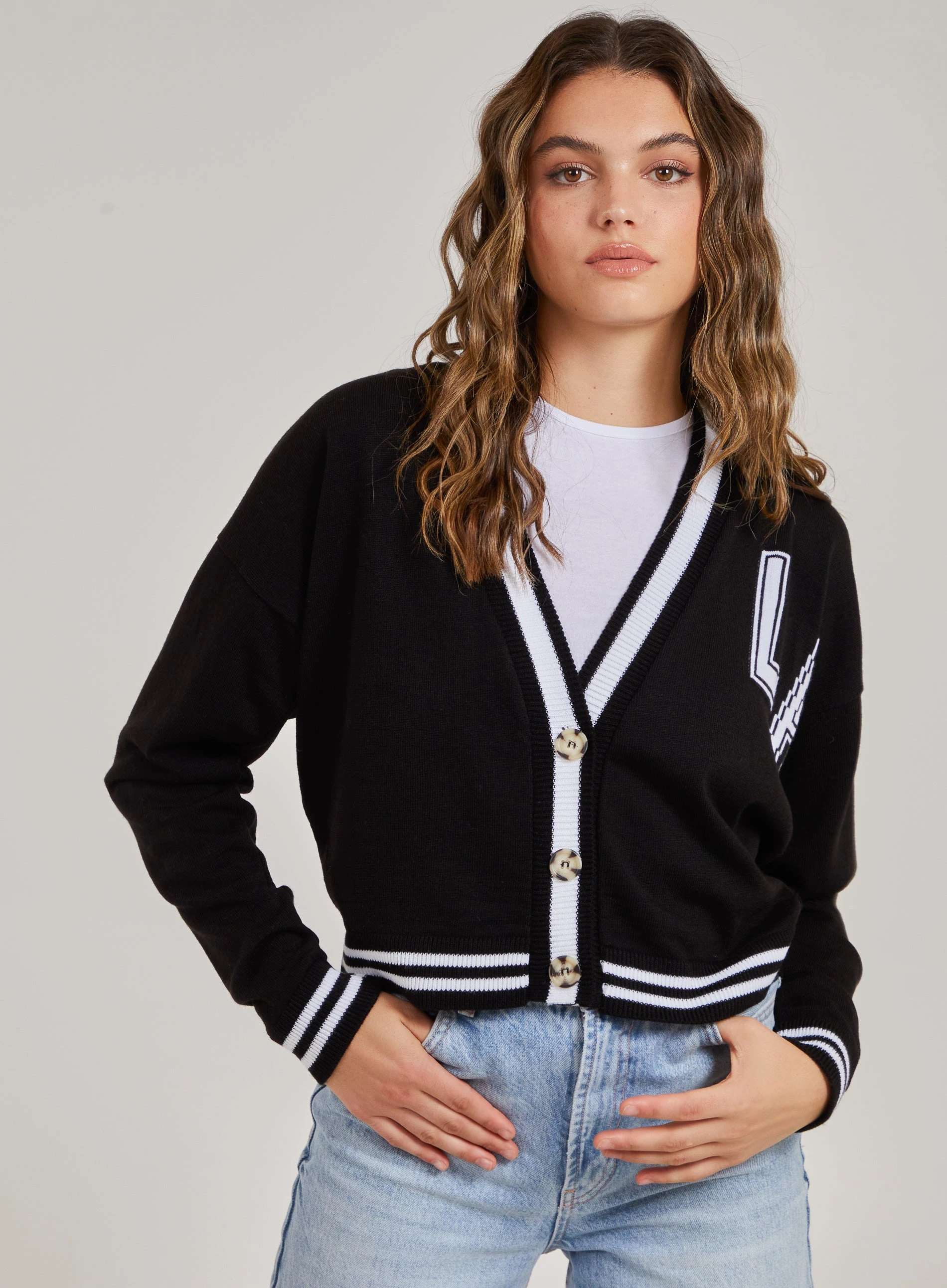 Varsity Knitted Cardigan  - S  - Black