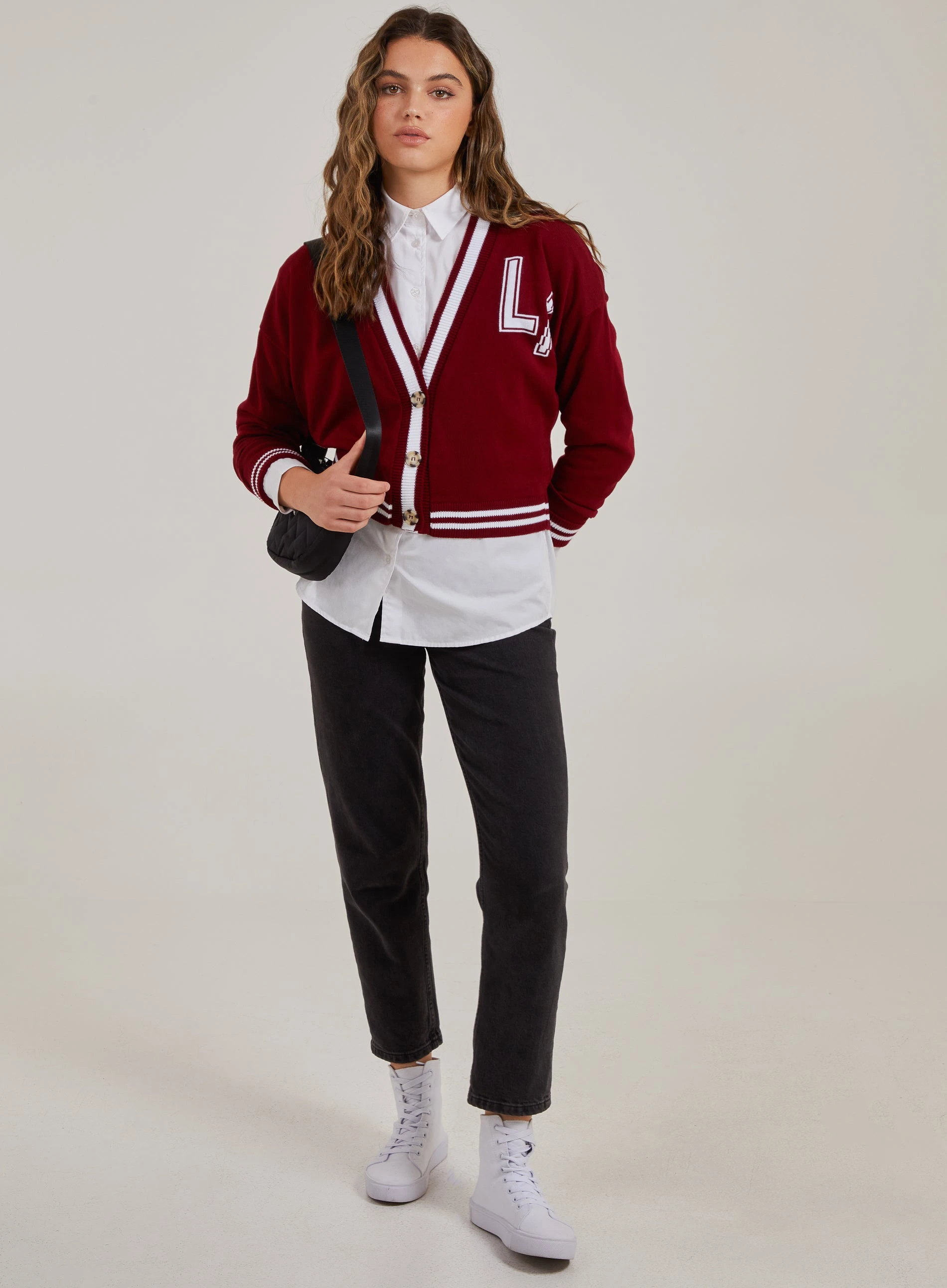 Varsity Knitted Cardigan  - M  - Wine