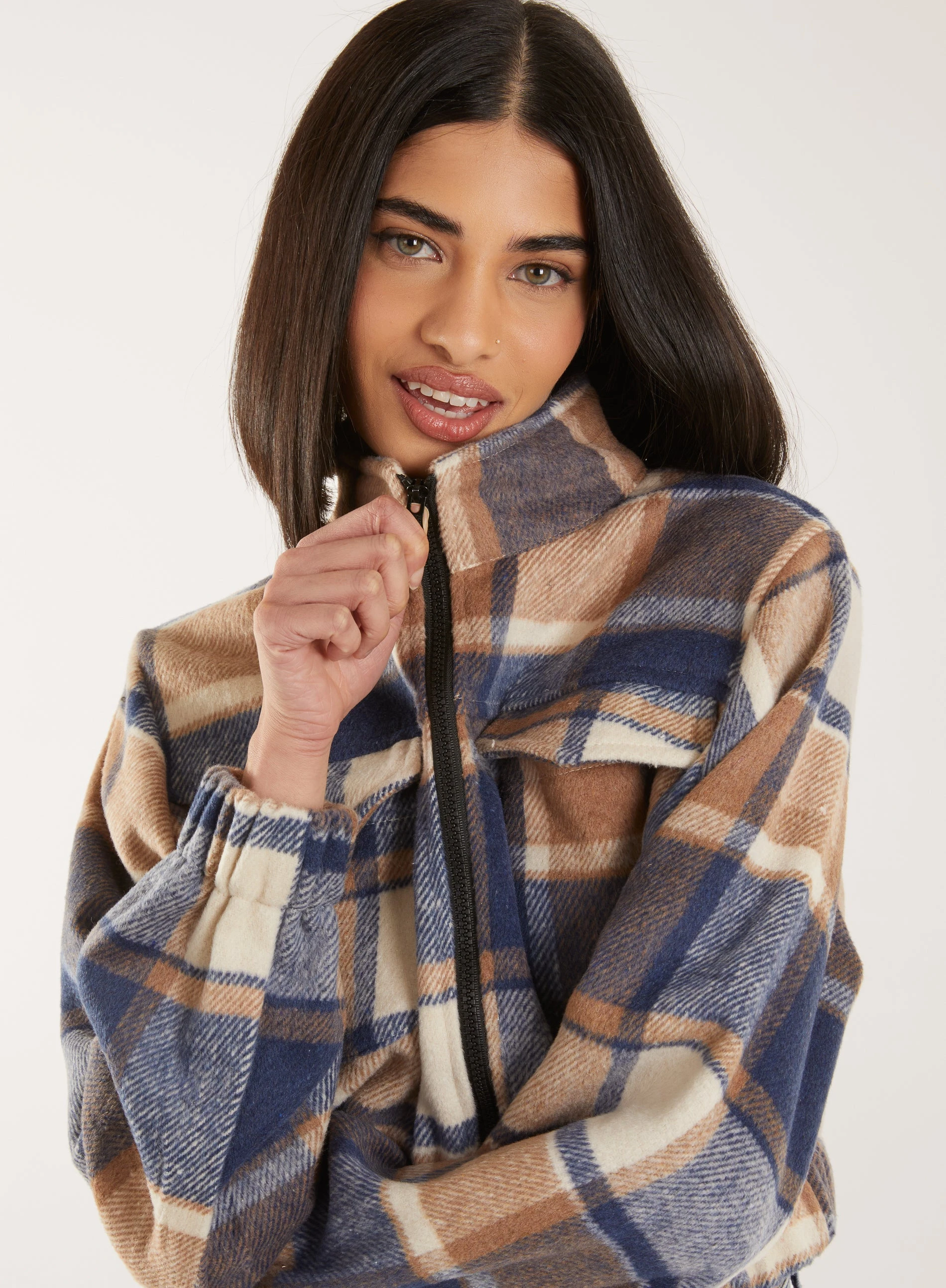 Cropped Tartan Style Fleece Jacket  - M  - BLUE