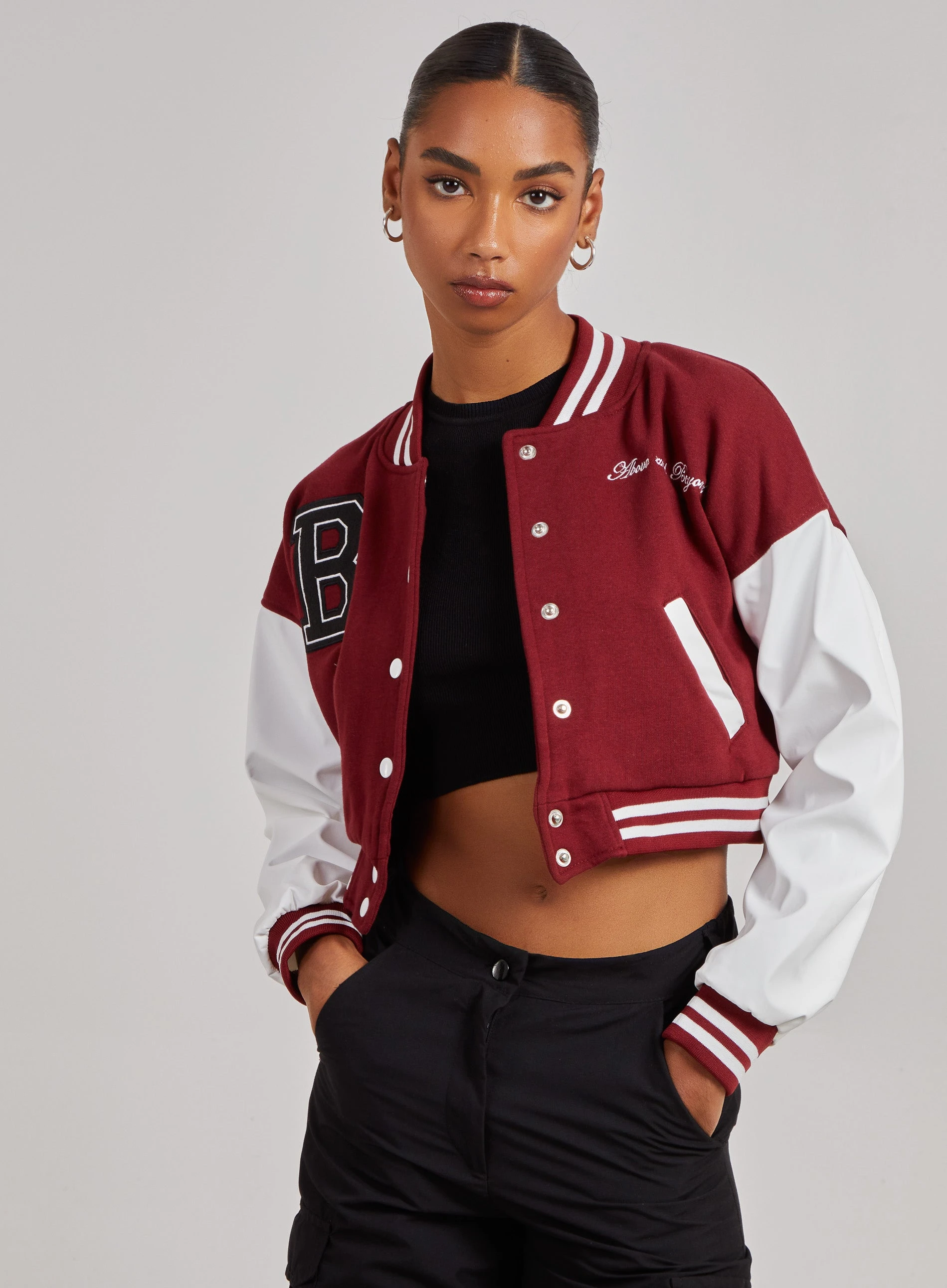 Contrast Sleeve Baseball Jacket  - XS  - Burgundy