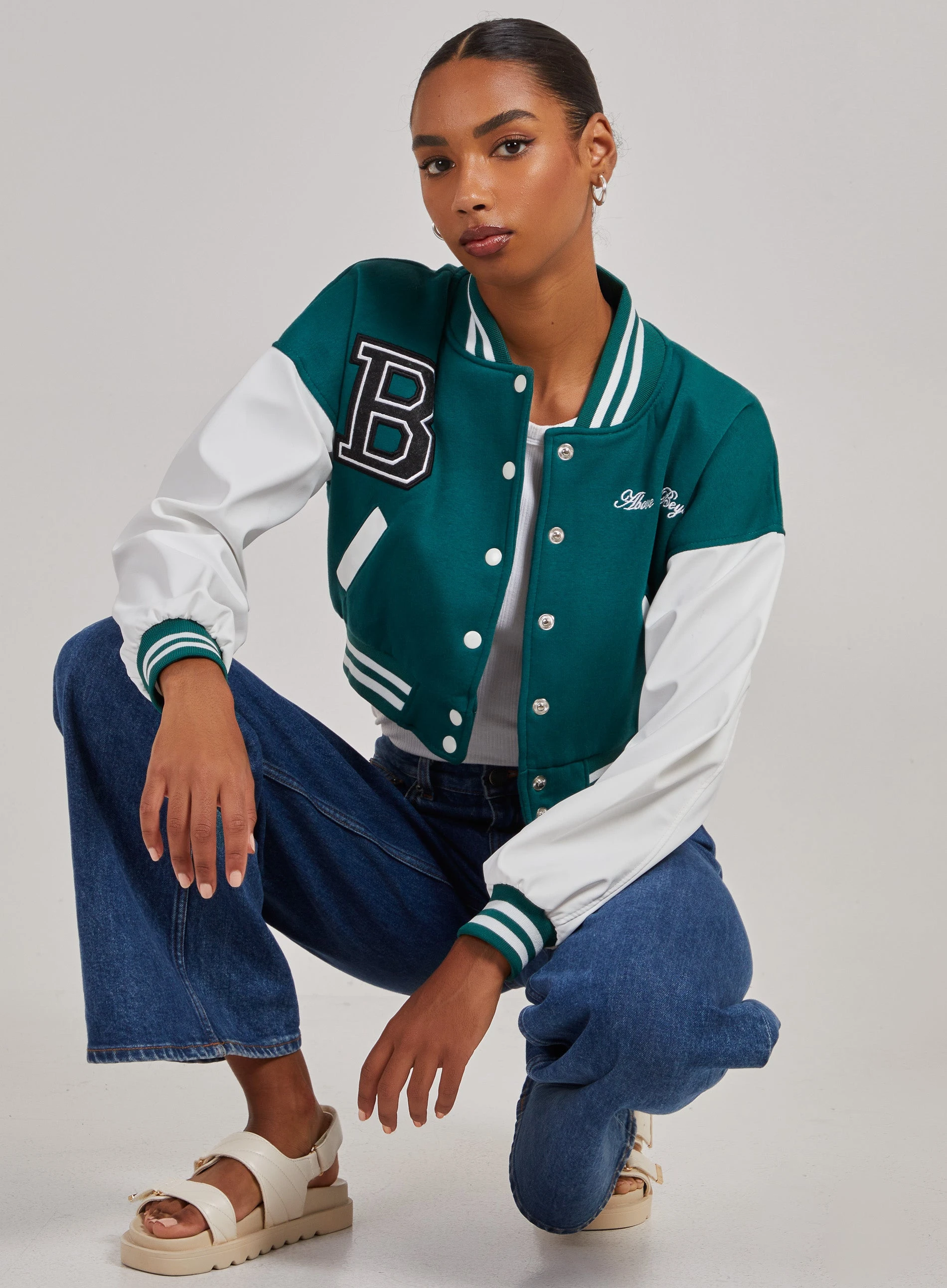 Contrast Sleeve Baseball Jacket  - M  - Jade