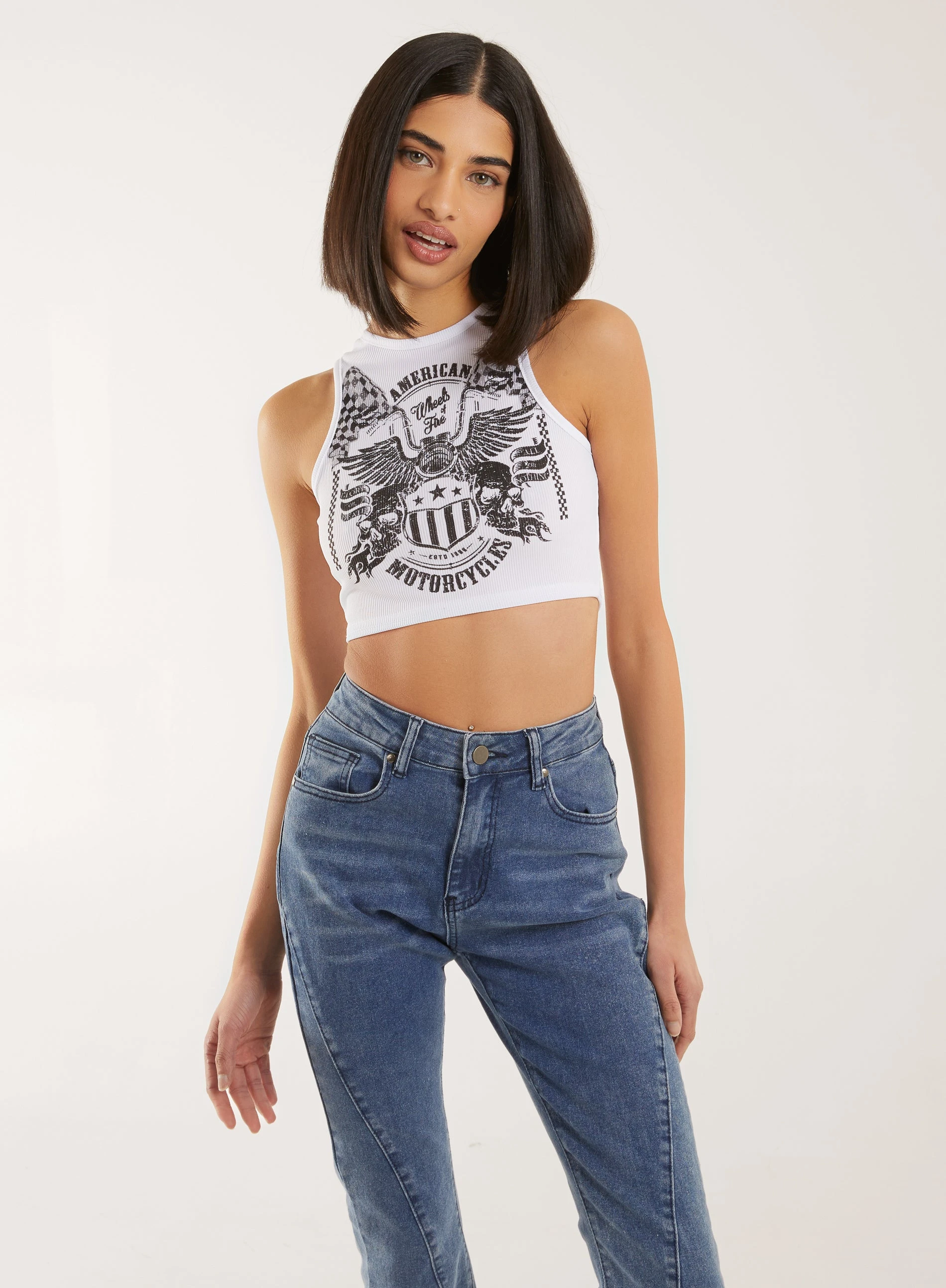 Ribbed Printed Band Vest  - L  - White