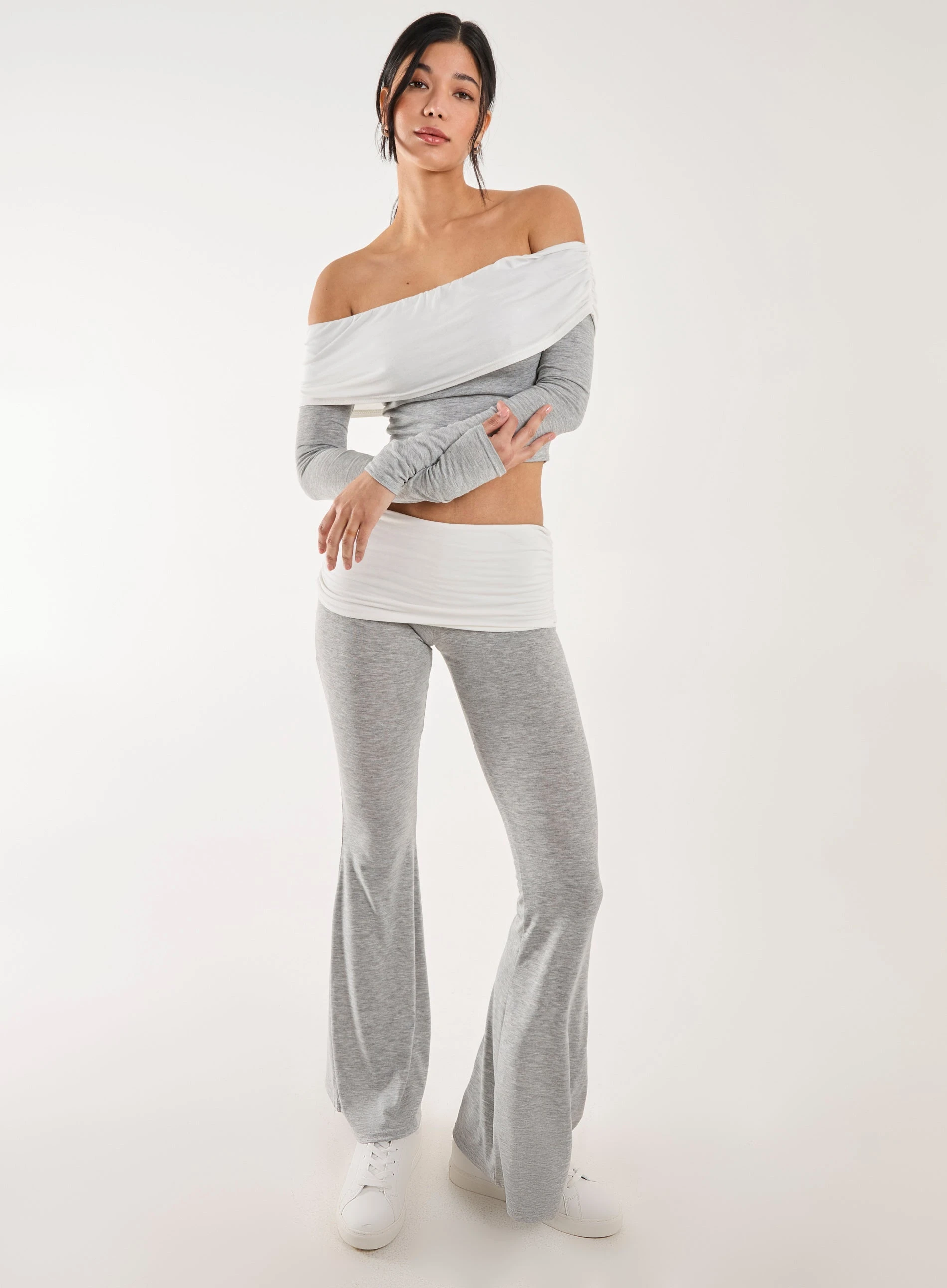 Fold Over Two Tone Flared Leggings  - S  - GREY