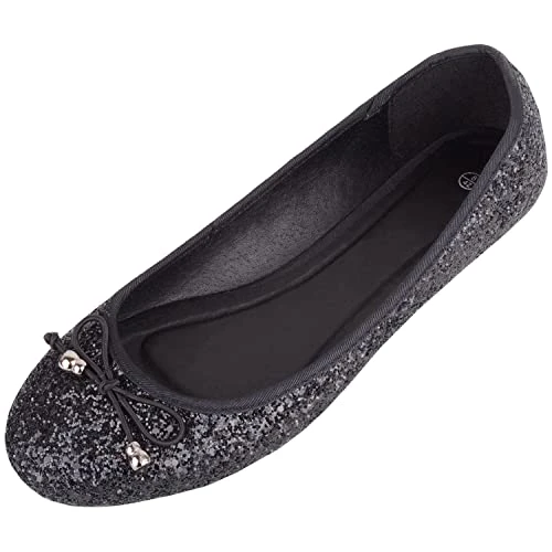 Womens Slip On Casual Party Glittery Ballerina Style Pumps Dolly Shoes - Black - UK 5 / EU 38