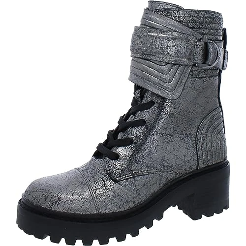 Womens Basia Leather Metallic Combat & Lace-up Boots, Dark Gunmetal, 6 UK