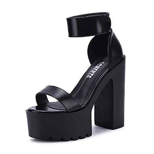 Womens Fashion Platform Sandals Chunky Heels Lug Sole Block High Heel Comfortable Sexy Heels, A Blac