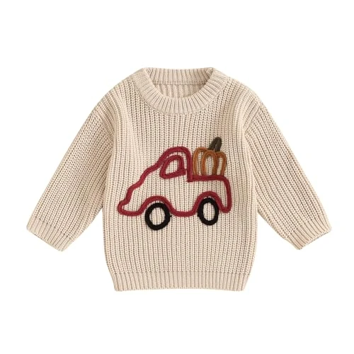 Unisex Baby Knit Sweater Long Sleeve Car Pumpkin Print Pullover Sweatshirt Toddler Boy Girl Fall Winter Clothes (Khaki, 3-4 Years)