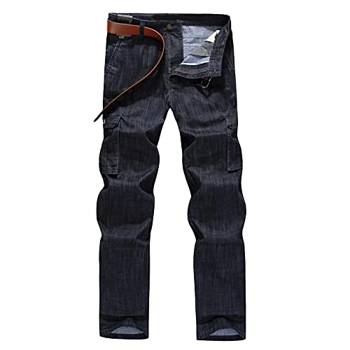 Mens Straight Leg Regular Fit Durable Cargo Jeans Comfy Outdoor Work Casual Long Pants for All Seasons Black 32W / 32L