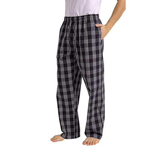 Men's Plaid Pyjama Bottoms Straight Fit Lounge Check Nightwear Trousers Elasticated Waist Drawstring Comfy Pajama Sleep Pants Loose Lightweight Open Hem Jogging Pants with Pockets Grey