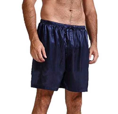 Men's Cool and Comfortable Satin Sleep Bottoms Shorts Solid Color Shorts Men's Cool and Comfortable Sleeping Shorts Navy Blue