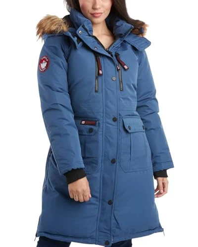 Women's Winter Coat - Women's Parka and Long Winter Jackets for Women with Removable Faux-Fur Hood (S-3X), Shady Blue/Natural, Large