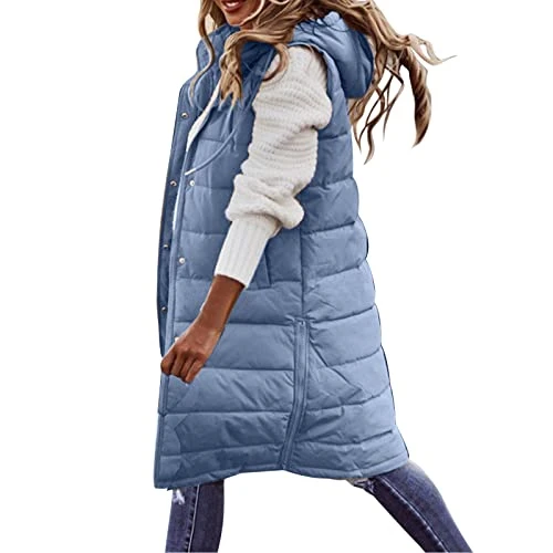 Thermal Vests For Women Uk Long Winter Sleeveless Quilted Jackets With Hood Warm Cotton Padded Loose Coats With Pockets Quilted Vest Outdoor Sports Jacket Casual Long Cardigan For Women