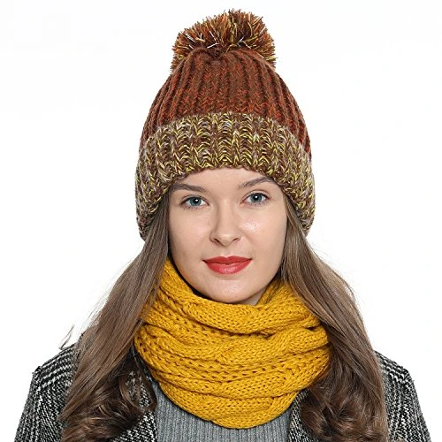 Women's Winter Beanie and pom-pom with warm and soft lining - Brown Yellow White