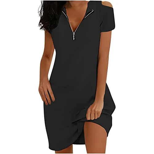 Casual Dresses for Women UK Solid Causal Zipper Neck Short Sleeve Vacation Cold Shoulder Dress Ladies Soft Flowy Dress Wedding Guest Dresses Bridesmaid Dresses Party Elegant