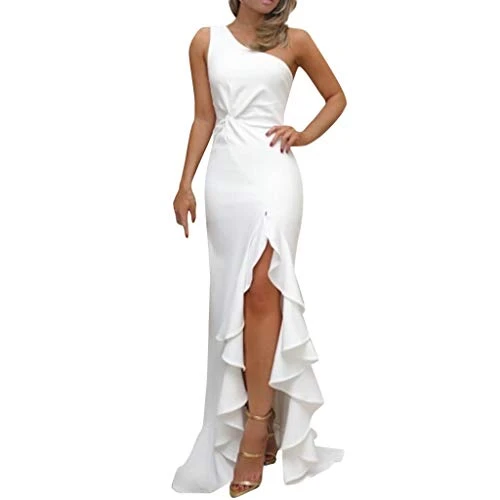 Women Dresses Promotion Sale Clearance Womens One Shoulder Ruched Ruffle Formal Evening DressSlim Maxi Dresses Plus Size Dress Party Elegant Dress Vintage Dress UK Size White