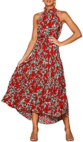 Women's Casual Halter Neck Sleeveless Elastic Waist Floral Printed Maxi Dress Pleated Sundress with Belt Red-XL