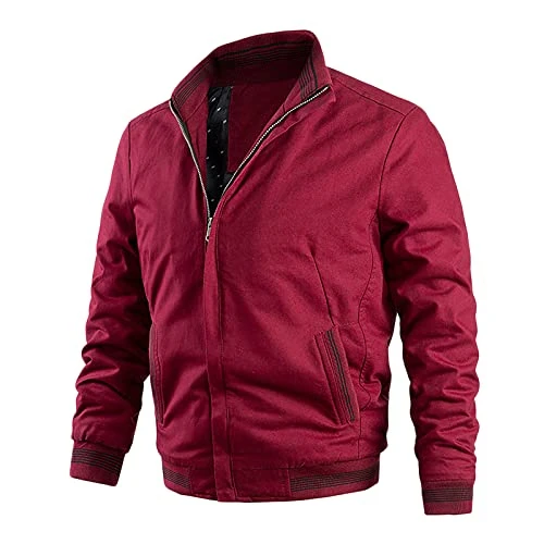 Men's Autumn Winter Leisure Coat Sports Blouse with Zip Jackets Men's Quilted Jacket Sports Jacket with Zip Men's Baseball Casual Wear, red, M