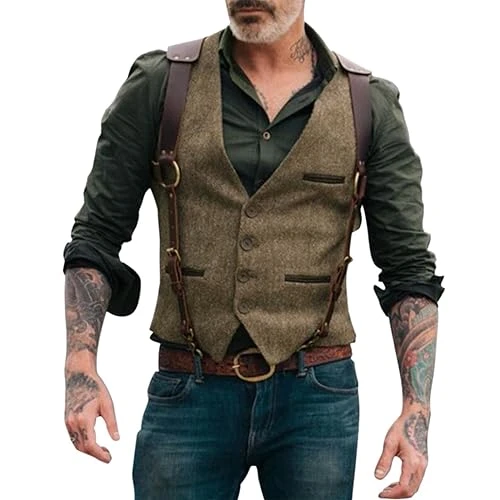 Mens Suede Leather Waistcoat Vintage V Neck Wedding Wedding Waistcoat, brown, XXL