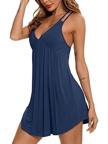 Sexy Lingerie for Womens Chemise Nightgown Full Slip Babydoll Strappy Lounge Dress V Neck Nighties Pjs Nightdresses Ladies Navy Blue M