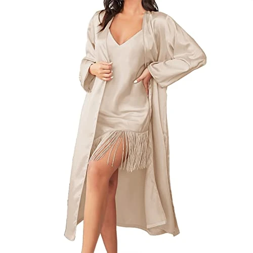 Green School Cardigan Nightgown For Womens Lingerie Satin Chemise Lingerie Sexy Nightie V Neck Dress Full Slips Sleep Dress Sexy Slips Sleepwear 2 Pieces Of Mens Cardigans with Zipper and (Khaki, M)