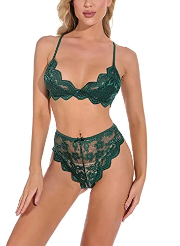 Bra and Panties Set Lace Lingerie Set Strap 2 Piece Solid Babydoll Underwear for Women Bralette Green M UK 10 12