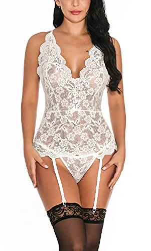 Lingerie for Women Basques and Corsets with Suspenders Sleeveless Adjustable Babydoll Nightwear Set Lace Underwear White 2XL UK 16 18