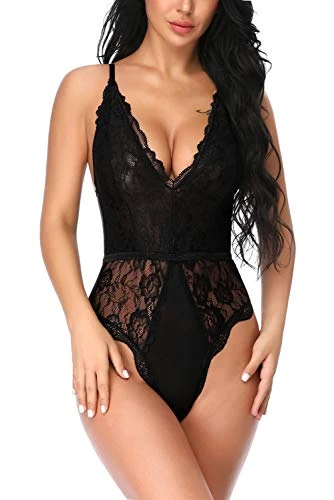 Women Sexy Teddy Lingerie One Piece Lace Babydoll Deep V Neck Bodysuit, Black L