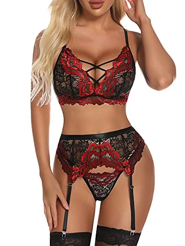 Women Lingerie Set with Garter Belt Sexy Lace Bra and Panties Set Strappy Teddy Nightwear 3 Pieces Lingerie(Red S)