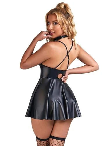 Women's Lingerie Sets Criss Cross Backless Babydoll Nightwear V Neck Mini PVC Dress Clubwear Plus Size Sexy Outfits,Black 2XL