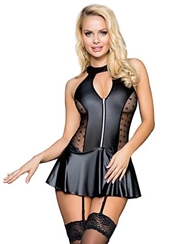 Sexy Lingerie for Women Sets Backless Lace Up Babydoll Nightwear PU Leather Mini Dress Plus Size Sexy Outfits with Garter Belt Black UK 14