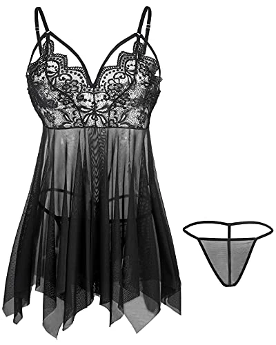 Babydoll Lingerie for Women Lace Negligee Lingerie Sexy Boudoir Outfits V-Neck Sleepwear Black, M